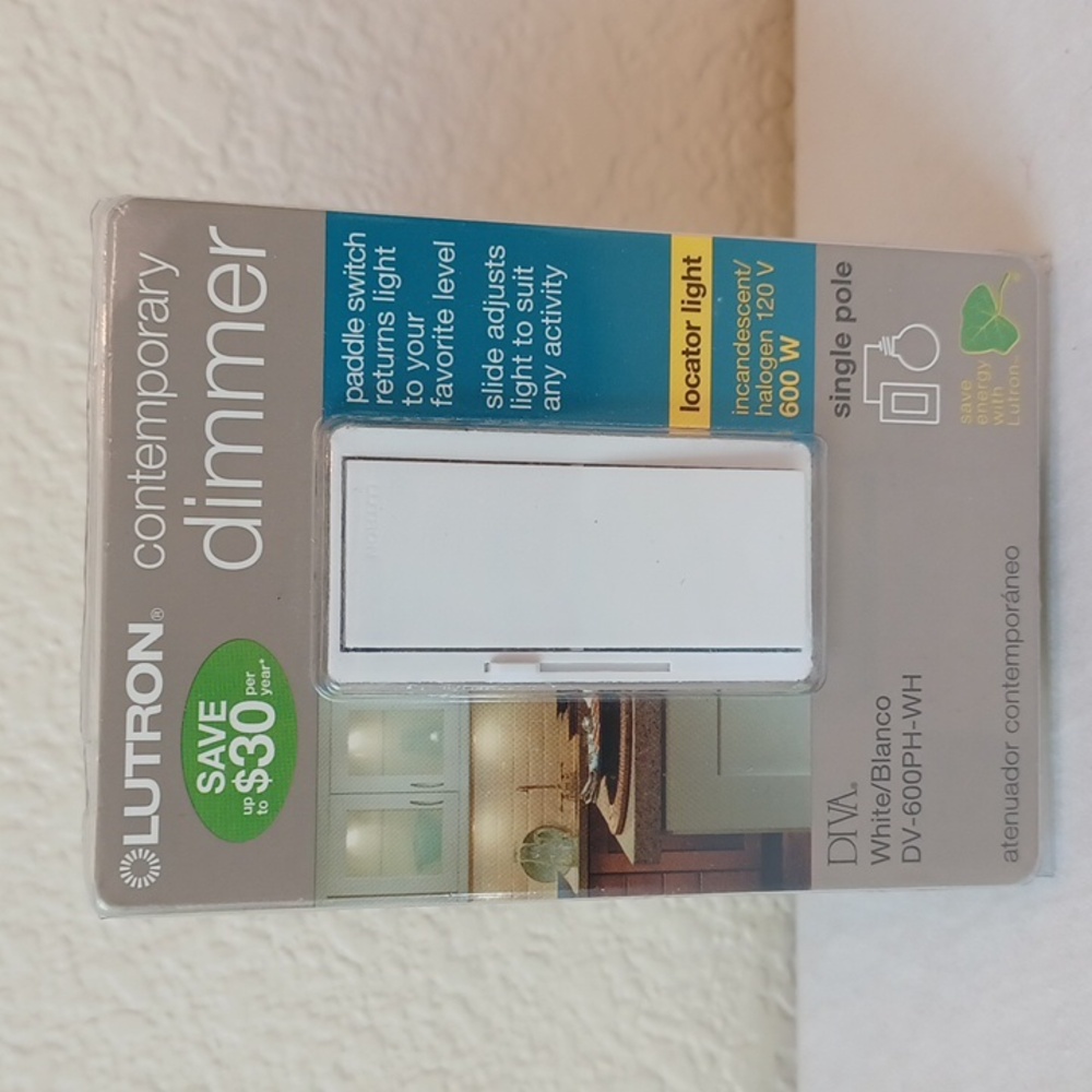 New Lutron DIVA Contemporary Dimmer Switch with Locator Light, White DV-600PH-WH